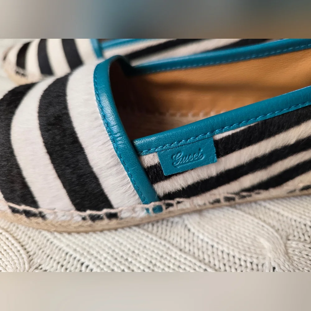 Gucci Lillibeth Pony Style Espadrilles Black & White Stripe‎ Resortwear Size 39